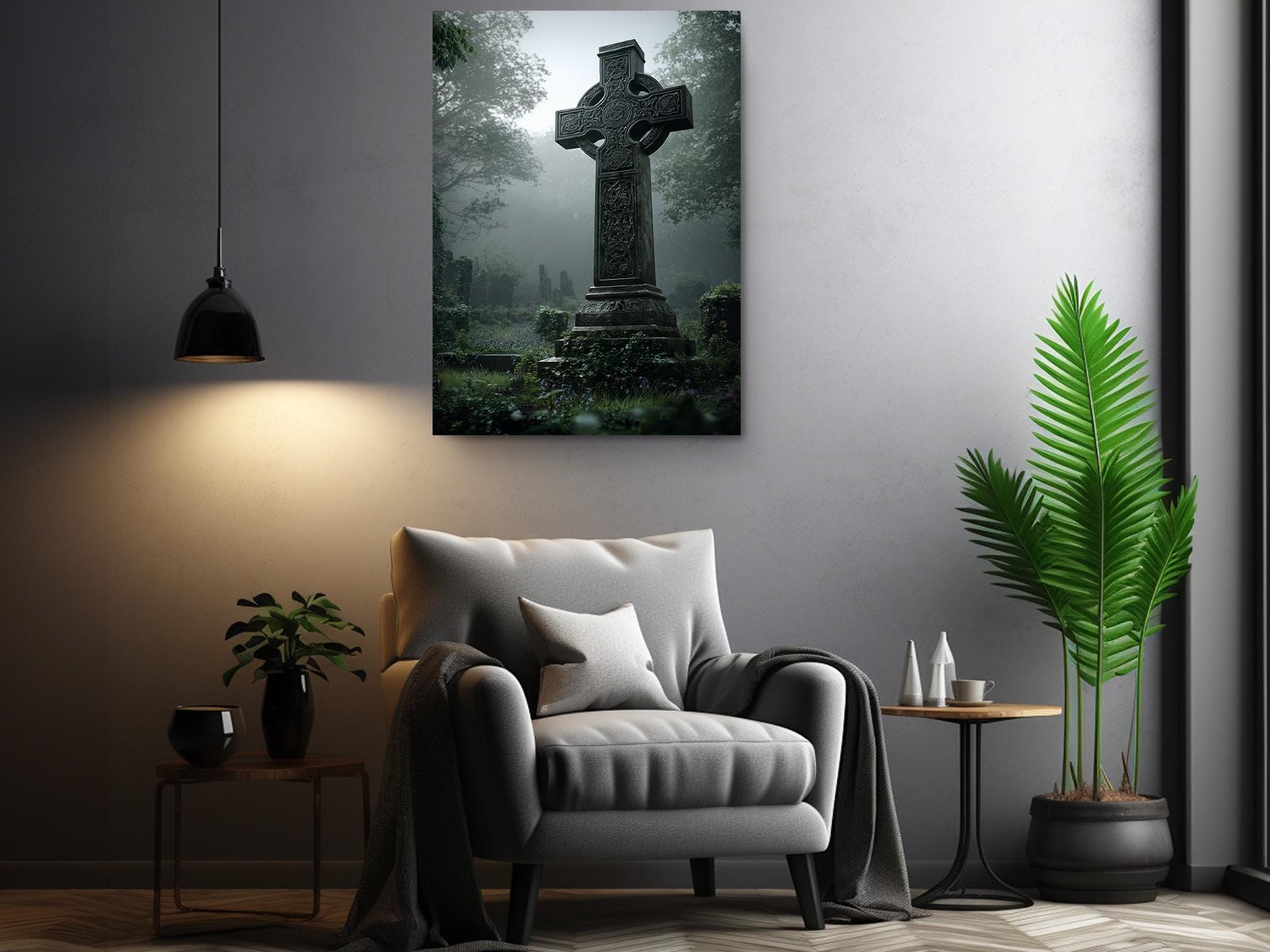a serene living room with a gray armchair, a potted plant, and a framed image of a cross-shaped monument in a foggy forest.