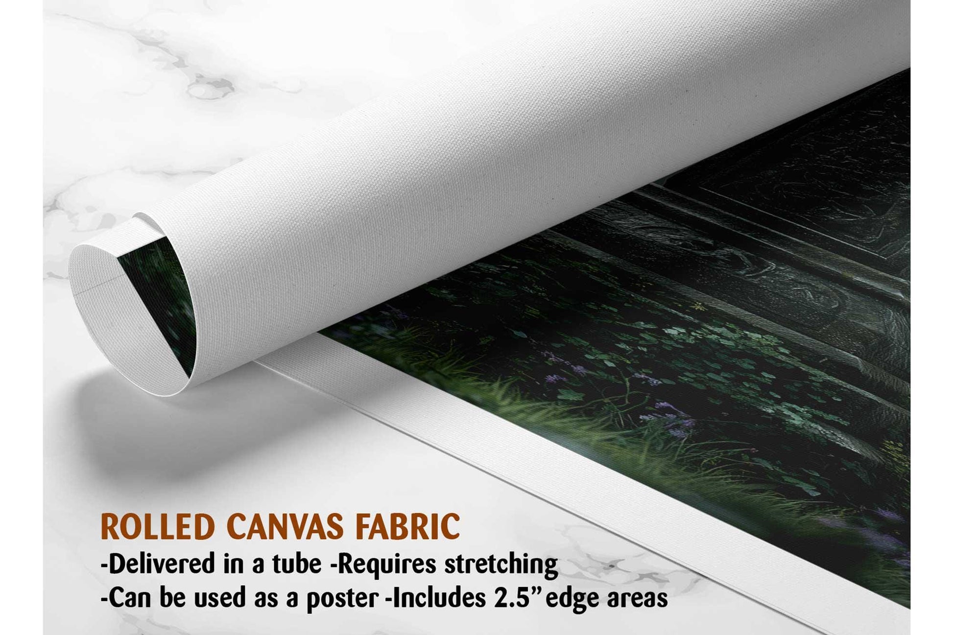 The image is a rolled canvas fabric, which is a type of canvas material used for painting or printing. It is described as a tube-delivered canvas fabric, which means it is delivered in a tube and requires stretching before use. It can be used as a poster with a 2.5&quot; edge area.