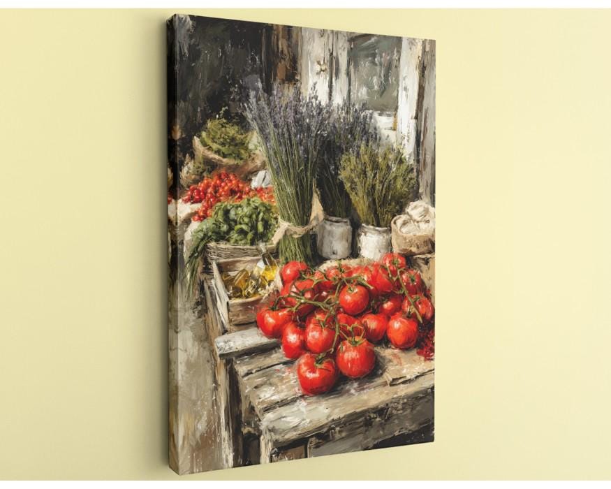 a rustic wooden table filled with fresh produce, including bunches of ripe tomatoes and bundles of lavender flowers.