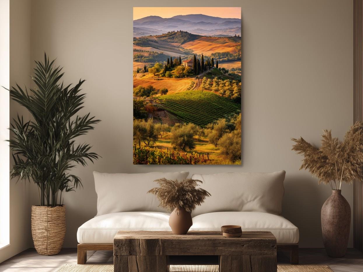 a large landscape painting hanging on a wall above a couch in a living room setting.