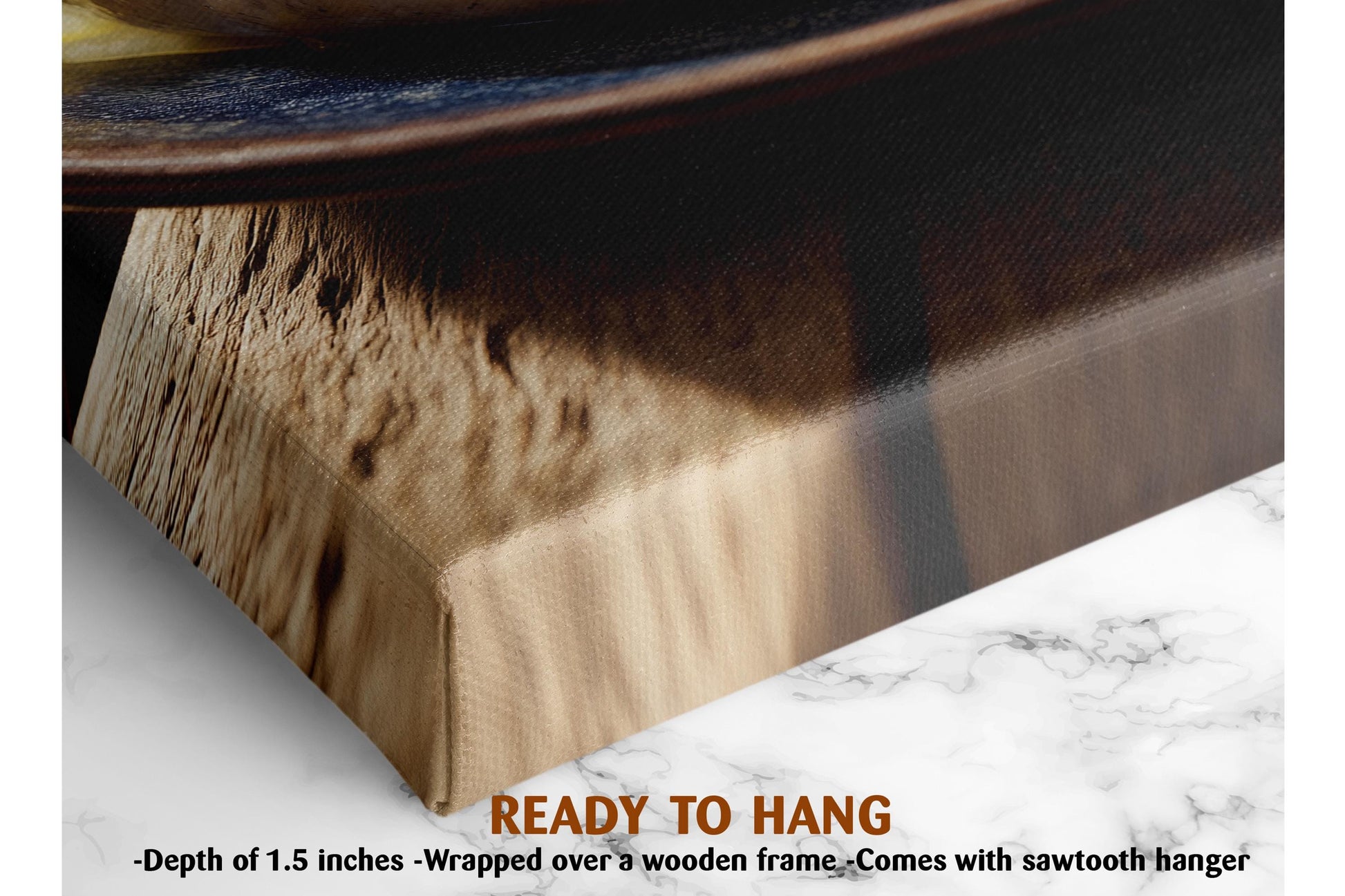 a close-up view of a wooden frame with a textured surface, placed on a marble countertop.