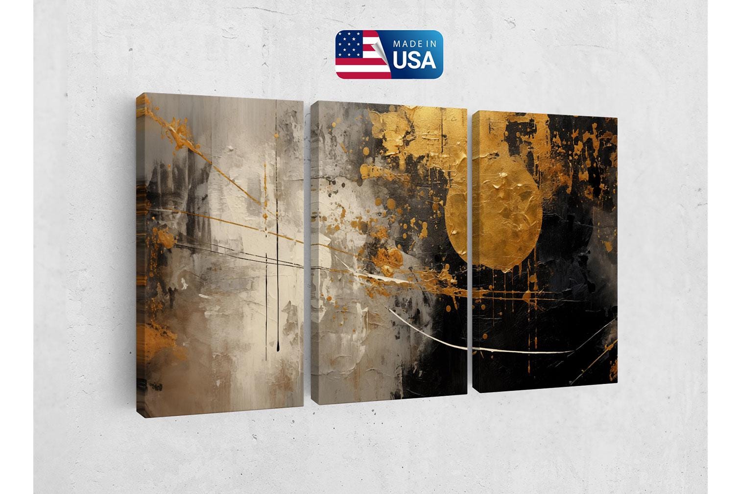 a set of three abstract paintings on a wall