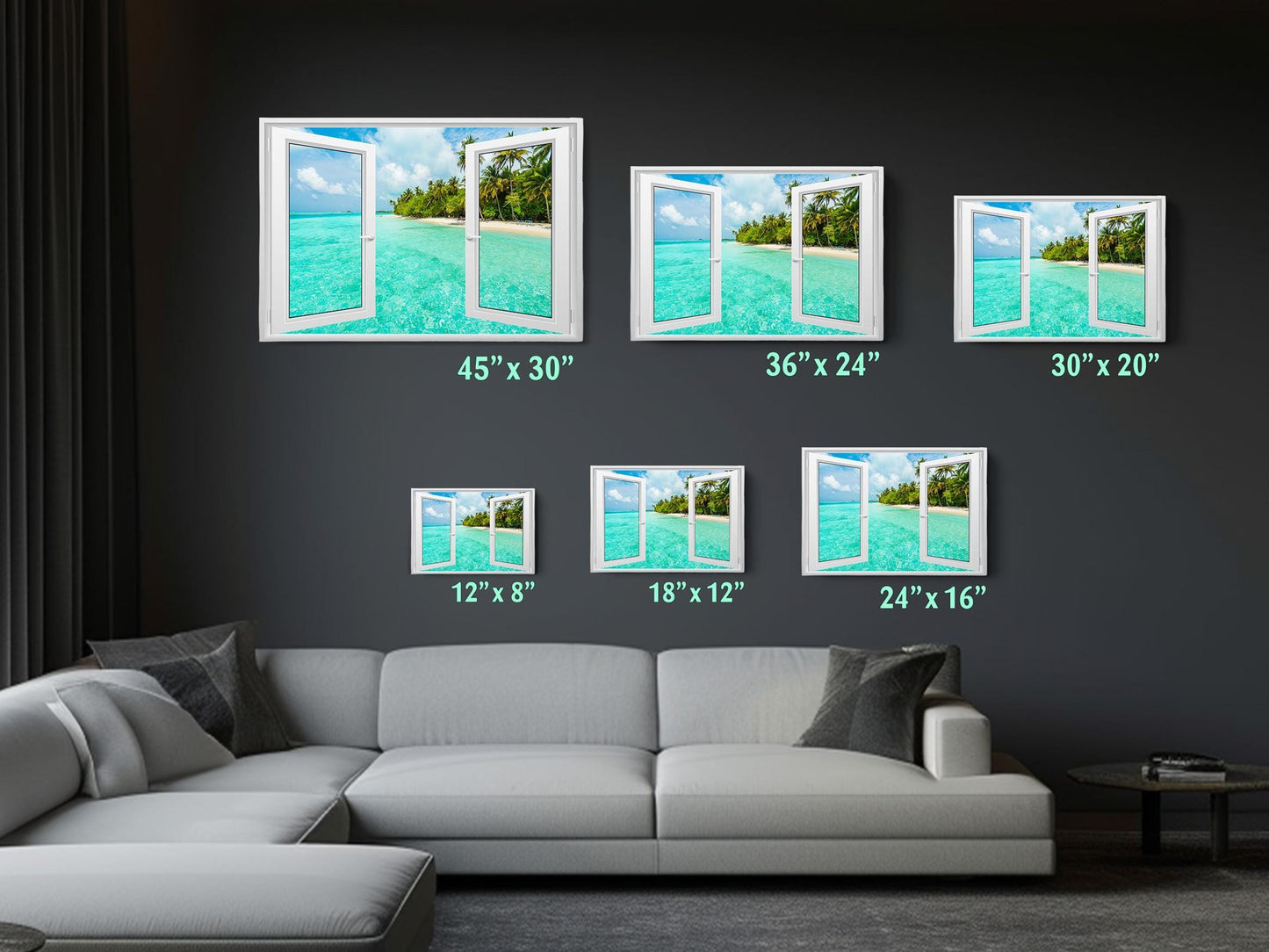 a living room with a couch and a wall with pictures on it