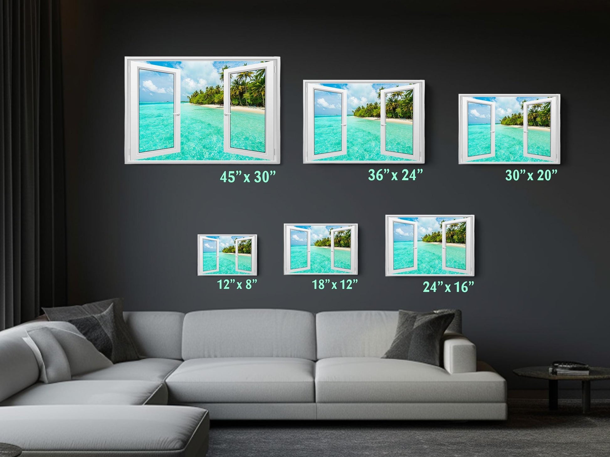 a living room with a couch and a wall with pictures on it