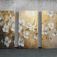 three paintings of white flowers on a wall