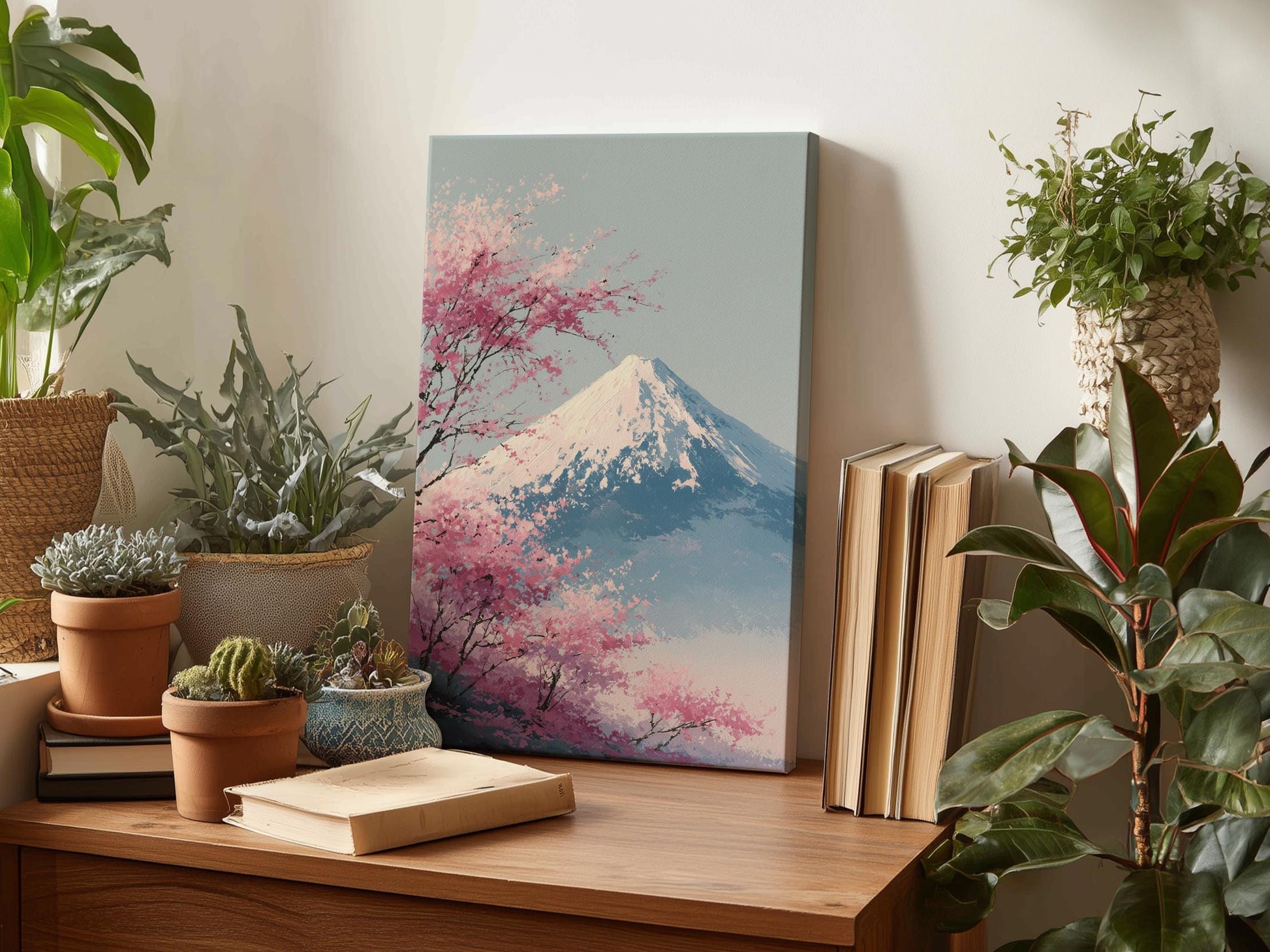 a wooden desk with a painting of a mountain landscape, a stack of books, and several potted plants.