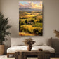 a large painting of a countryside landscape hanging on a wall above a couch in a living room.