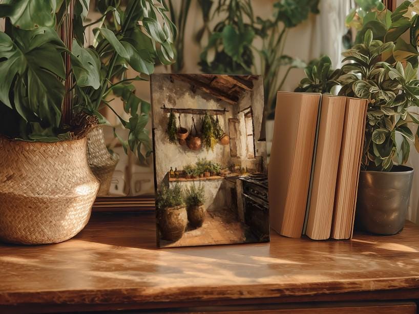 a wooden table with a framed painting of a kitchen scene, surrounded by potted plants and books.