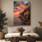 a serene living room with a large painting of a cliffside overlooking the ocean hanging on the wall. The painting captures a breathtaking sunset over the water, with the sky filled with vibrant orange and pink hues. The room is decorated with a white sofa, a wooden coffee table, and potted plants, creating a cozy and inviting atmosphere.