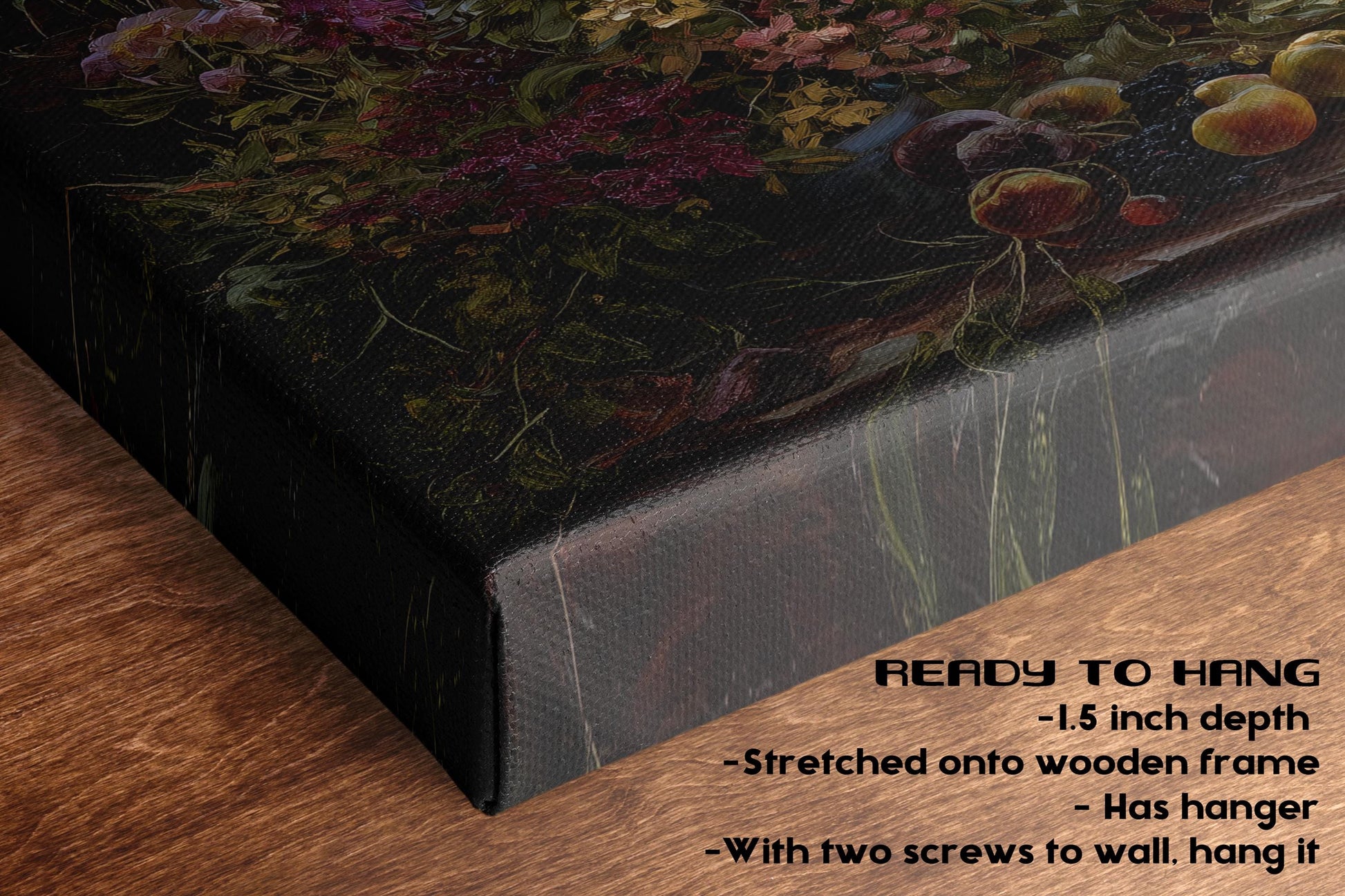 The image is a close-up of a canvas print featuring a vibrant floral and fruit arrangement. The print is stretched onto a wooden frame and has a 1.5-inch depth. It is described as being stretched onto a wooden frame, which allows it to hang on a wall with two screws.