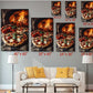 The image is a collage of multiple images depicting pizzas, with each image showing different sizes and perspectives. The images are arranged on a wall, and there is a white couch and a coffee table in the foreground.