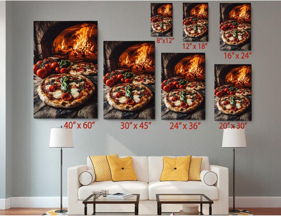 The image is a collage of multiple images depicting pizzas, with each image showing different sizes and perspectives. The images are arranged on a wall, and there is a white couch and a coffee table in the foreground.