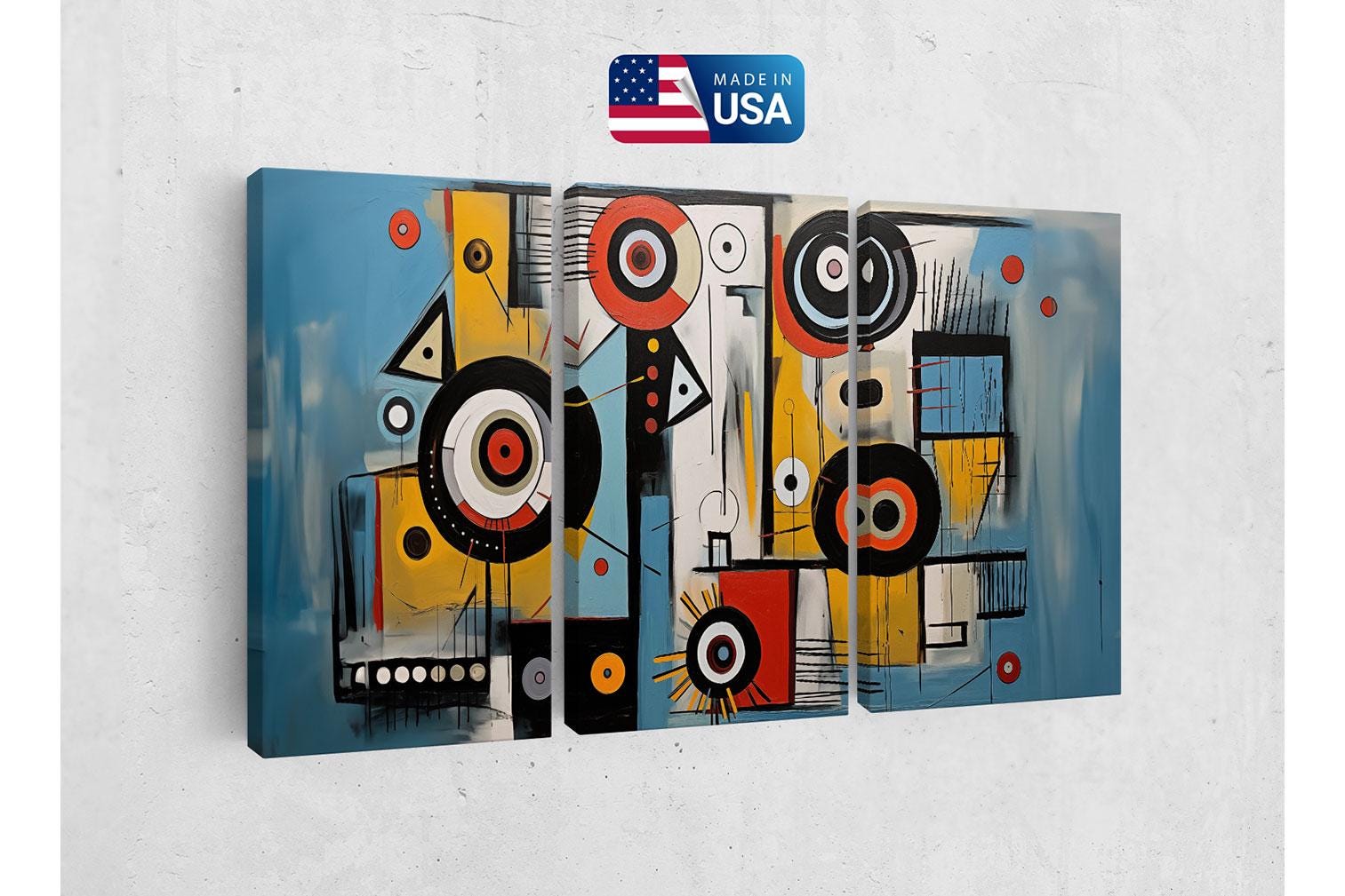 a painting on a wall with a us flag in the background