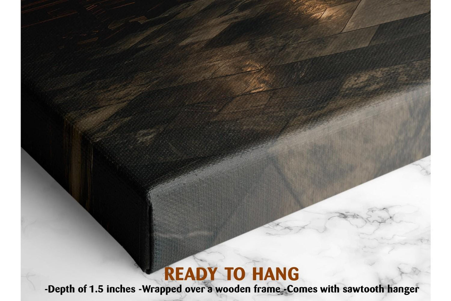 a close-up view of a textured, dark-colored surface, possibly a canvas or a wooden frame. The text &quot;READY TO HANG&quot; is visible, indicating that the object is ready to be hung on a wall.