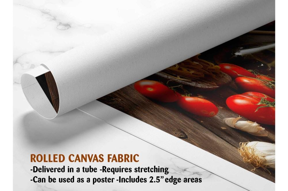 The image is a rolled canvas fabric, which is a type of canvas material used for creating posters or wall art. It is described as a tube-delivered fabric, which means it is delivered in a tube and requires stretching before use. The fabric can be used as a poster and includes a 2.5&quot; edge area.