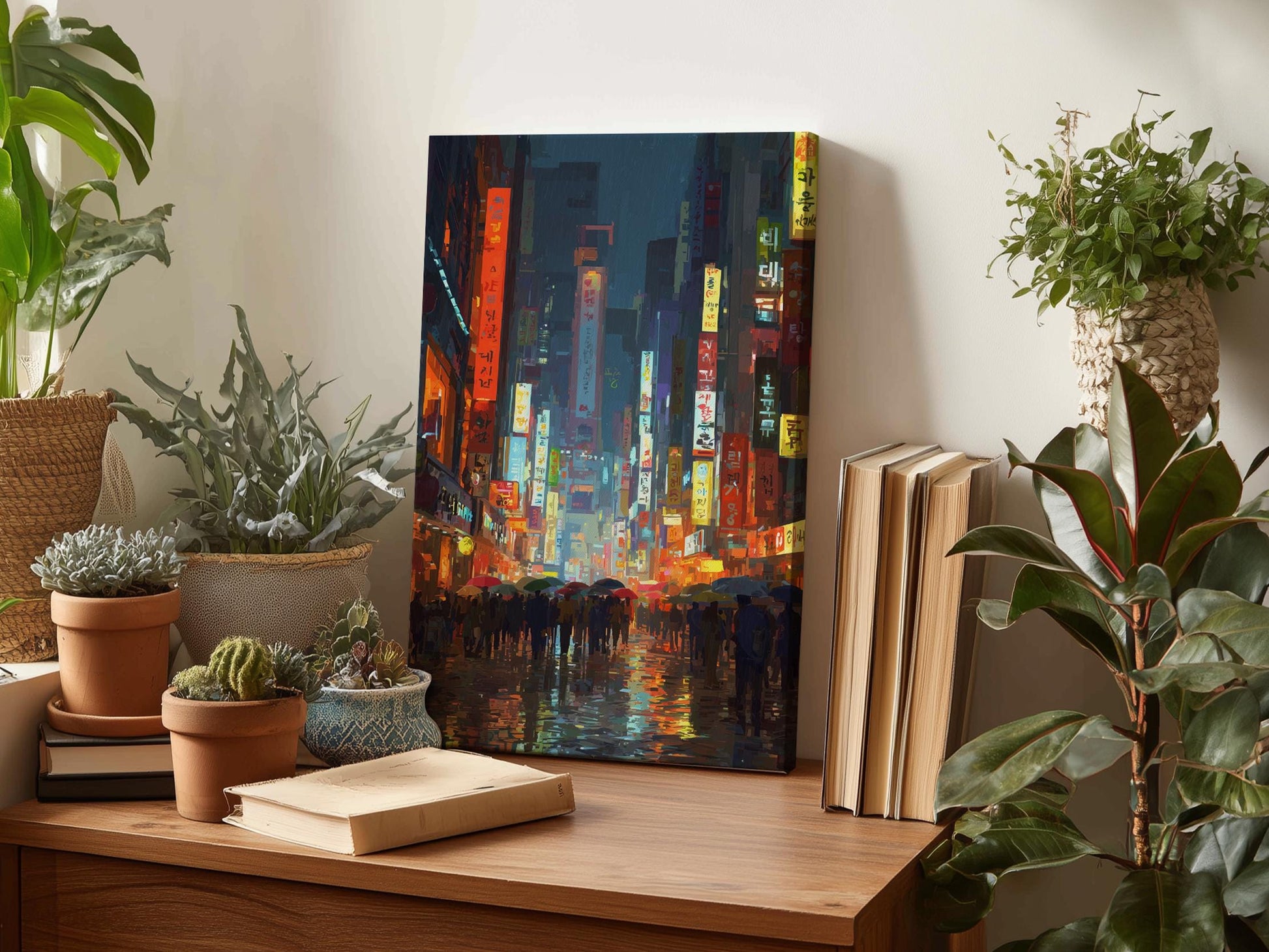 a wooden table with a painting of a city street scene, surrounded by potted plants and books.