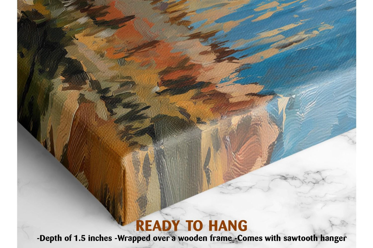 The image is a close-up of a colorful abstract painting on a canvas, with a wooden frame. The painting has a vibrant mix of orange, yellow, and blue colors, creating a lively and dynamic visual effect. The text indicates that the painting is ready to hang, and it is described as a 1.5-inch deep artwork wrapped over a wooden frame, which comes with a sawtooth hanger.