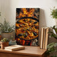 a wooden table with a framed photograph of a paella dish, surrounded by potted plants and books.