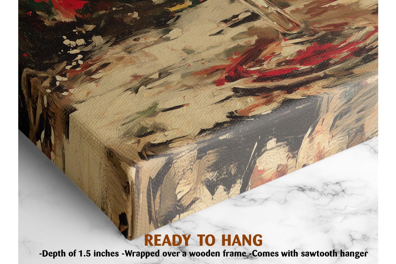 The image is a close-up of a textured, abstract painting on a canvas, with a wooden frame. The text in the image indicates that the painting is ready to hang and is described as having a depth of 1.5 inches, wrapped over a wooden frame.