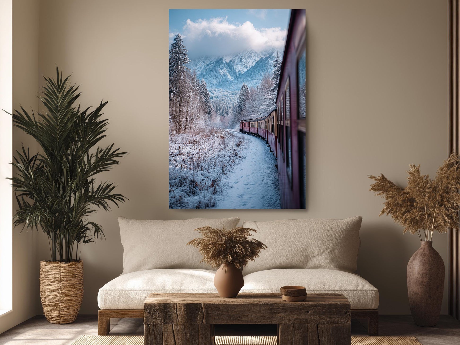 a cozy living room with a large window, a comfortable couch, and a wooden coffee table. Above the couch, there is a framed photograph of a train traveling through a snowy mountain landscape, with a clear blue sky and fluffy white clouds in the background.
