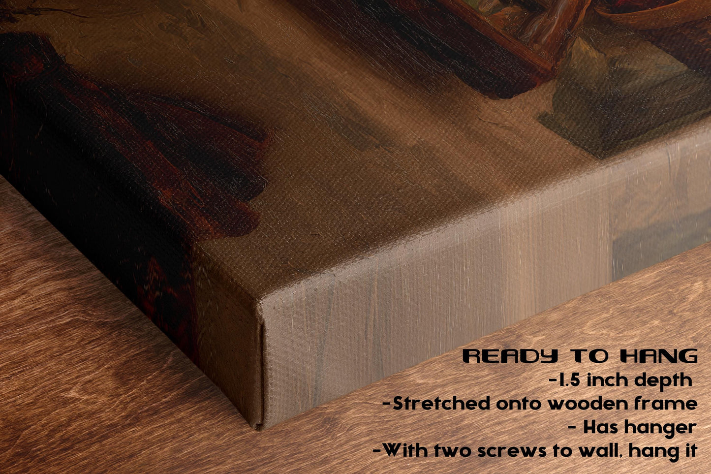 The image is a close-up of a wooden frame with a painting or artwork hanging on it. The frame appears to be made of wood and has a wooden texture. The painting is not visible in the image.