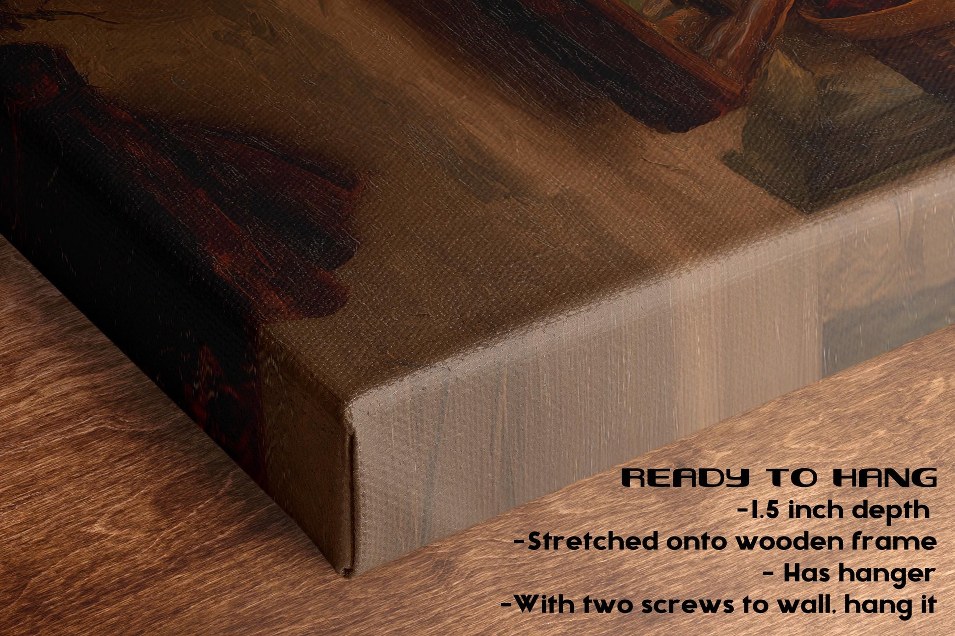 The image is a close-up of a wooden frame with a painting or artwork hanging on it. The frame appears to be made of wood and has a wooden texture. The painting is not visible in the image.