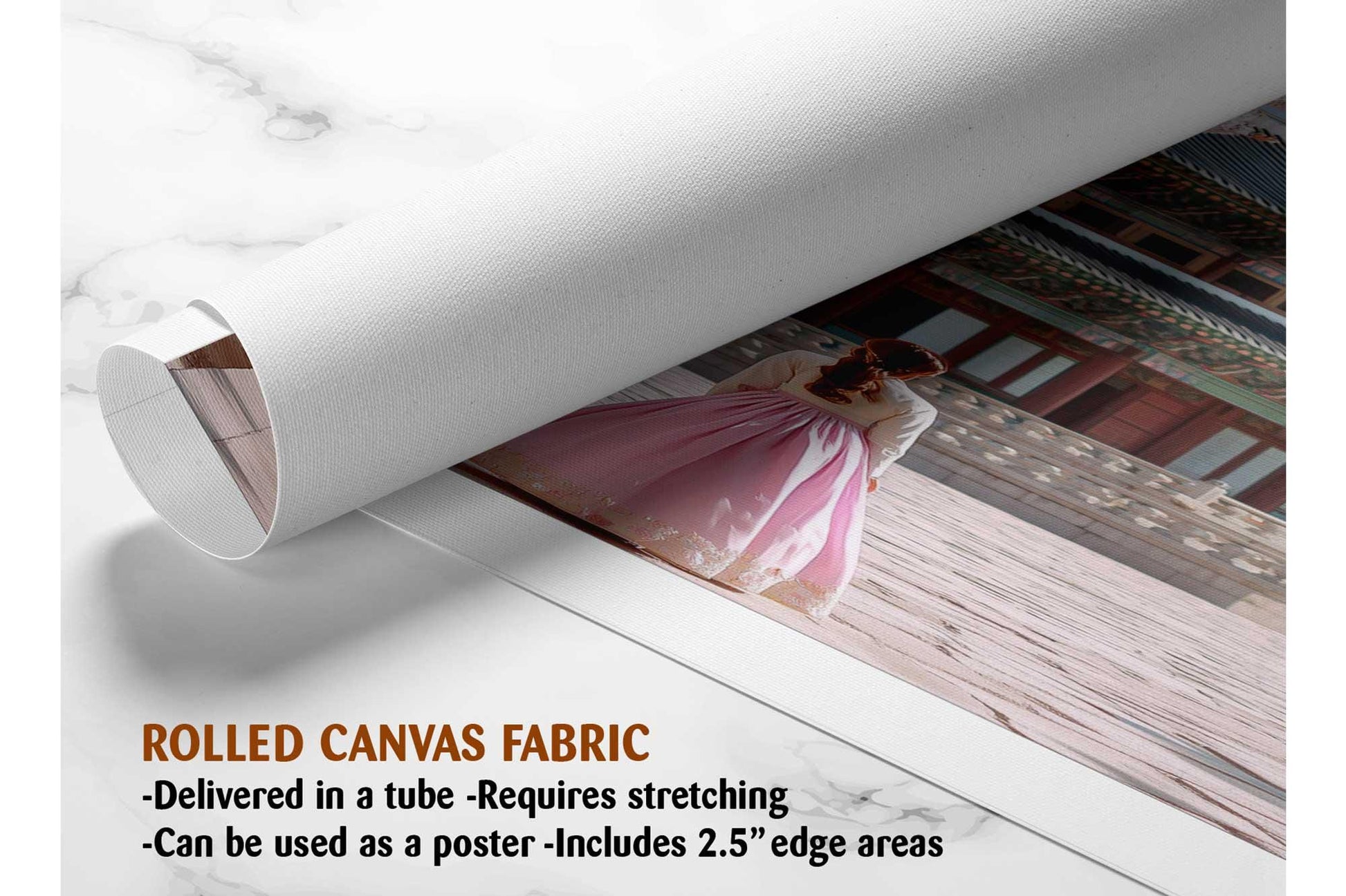 The image is a rolled canvas fabric, which is a type of canvas material used for printing photographs or artwork. It is described as a tube-delivered fabric, which means it is delivered in a tube and requires stretching before use. The fabric can be used as a poster with a 2.5&quot; edge area.