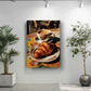 a cozy scene with a croissant on a plate and a cup of coffee on a table, surrounded by potted plants and a painting on the wall.