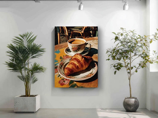 a cozy scene with a croissant on a plate and a cup of coffee on a table, surrounded by potted plants and a painting on the wall.