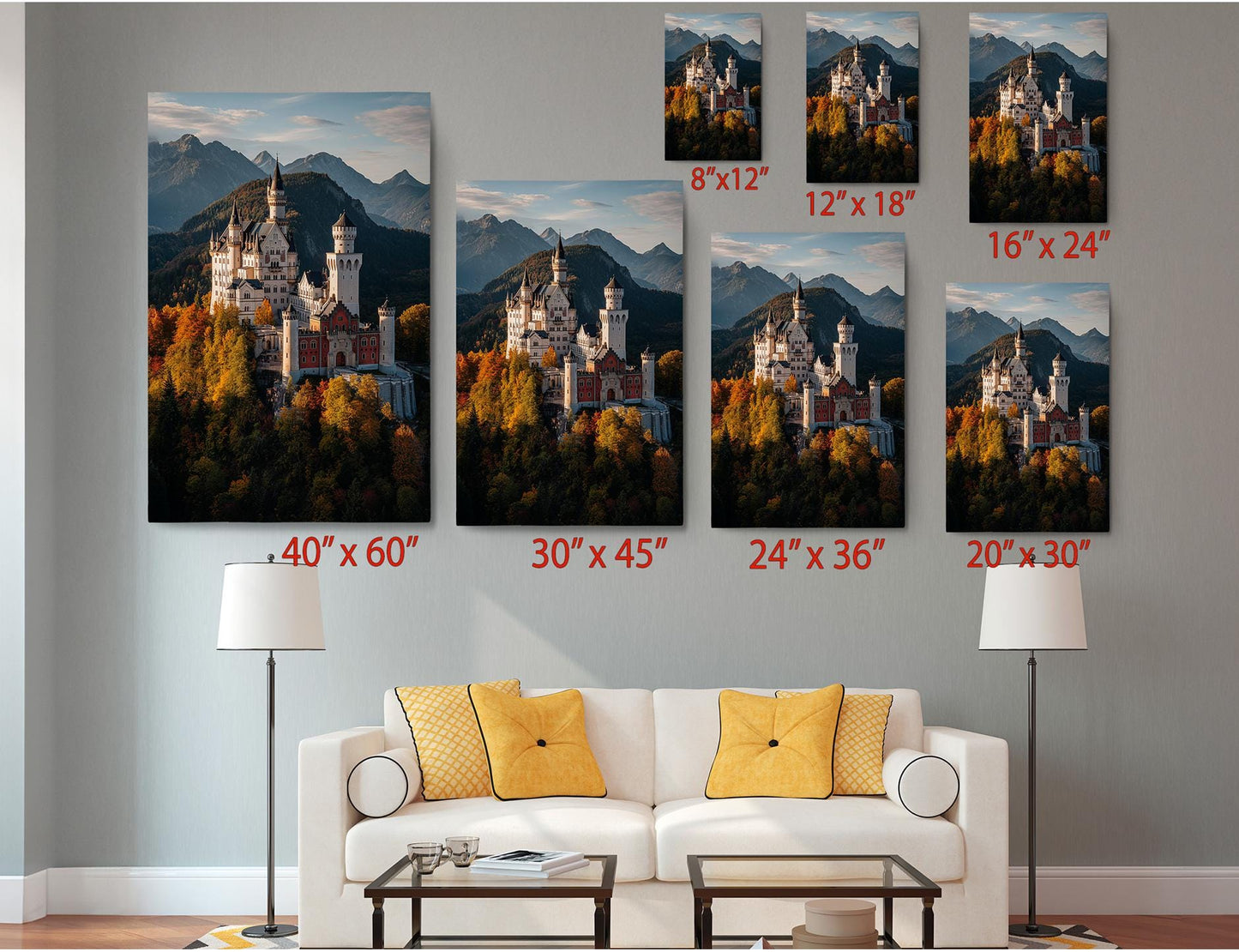 The image is a living room with a white sofa and a coffee table. Above the sofa, there are six framed pictures of a castle, each with a different size and resolution, ranging from 8x12 to 24x36 inches. The pictures are arranged in a grid-like pattern on the wall, creating a visually appealing display.