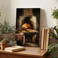 a cozy indoor setting with a rustic brick oven, a table with a pizza, and various potted plants and books arranged on a wooden surface.