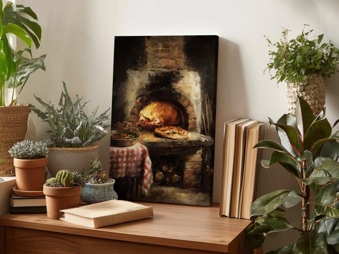 a cozy indoor setting with a rustic brick oven, a table with a pizza, and various potted plants and books arranged on a wooden surface.