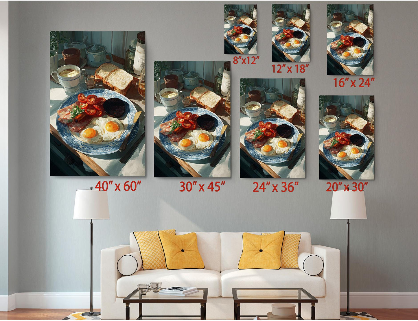 a living room with a couch and paintings on the wall