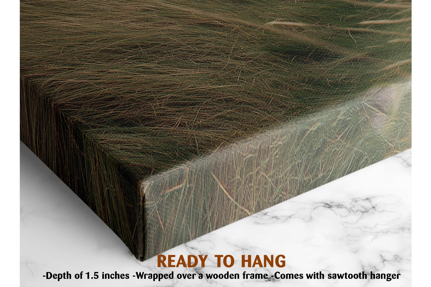 a close-up view of a textured surface, possibly a canvas or a wooden frame, with a text overlay that reads &quot;READY TO HANG&quot; and provides dimensions, stating &quot;Depth of 1.5 inches - Wrapped over a wooden frame - Comes with sawtooth hanger&quot;.