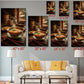 The image is a collage of six photographs depicting various bowls of food, including soup, arranged on a table. The photographs are arranged in a grid format, with each photograph having a corresponding size indicated in inches. The sizes are 40, 60, 30, 45, 24, and 36 inches. The photographs are displayed on a wall above a white couch, which has a coffee table in front of it.