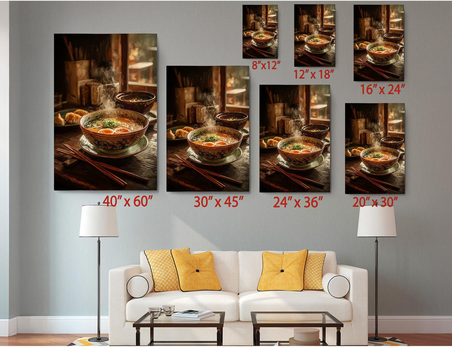 The image is a collage of six photographs depicting various bowls of food, including soup, arranged on a table. The photographs are arranged in a grid format, with each photograph having a corresponding size indicated in inches. The sizes are 40, 60, 30, 45, 24, and 36 inches. The photographs are displayed on a wall above a white couch, which has a coffee table in front of it.