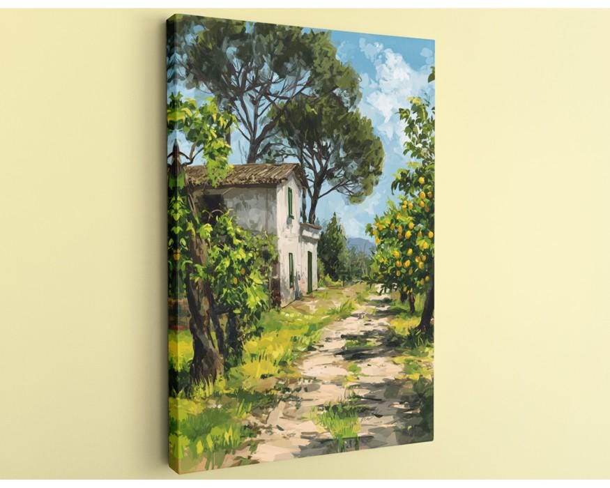 a picturesque rural scene with a small white building nestled among lush greenery, including trees and grass. A dirt path leads up to the building, and the sky above is a clear blue with fluffy white clouds.