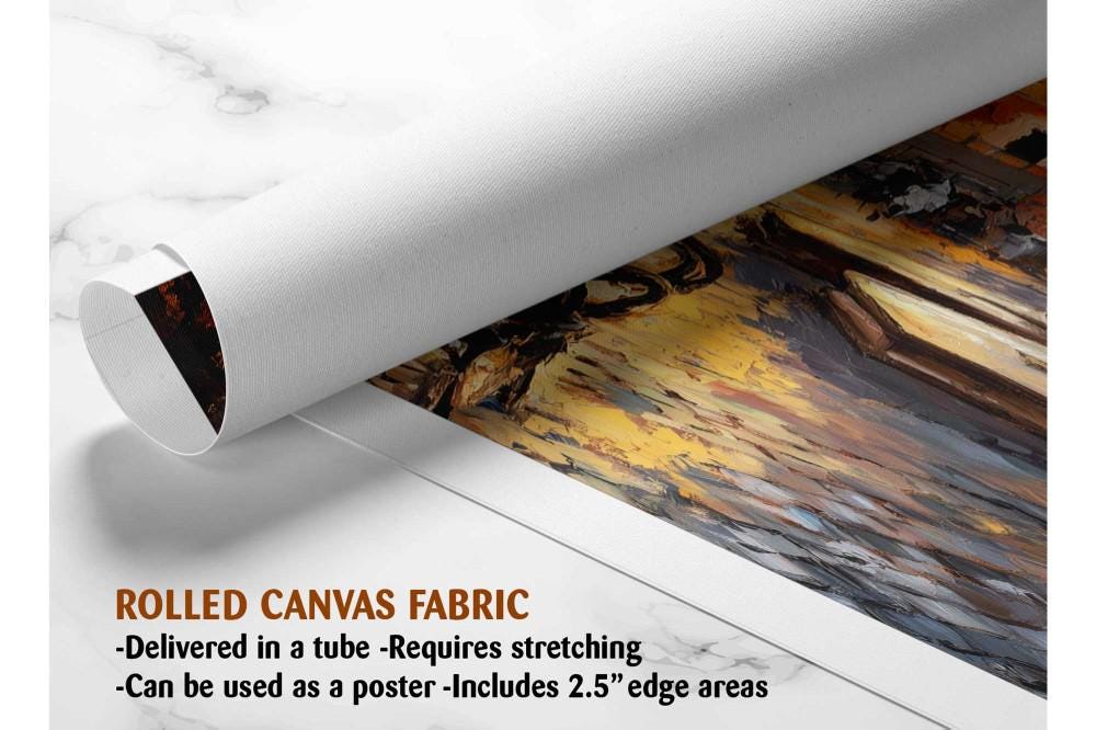 The image is a rolled canvas fabric, which is a type of canvas used for painting or printing artwork. It is described as a tube-delivered canvas fabric, which means it is delivered in a tube and requires stretching before use. It can be used as a poster with a 2.5&quot; edge area.