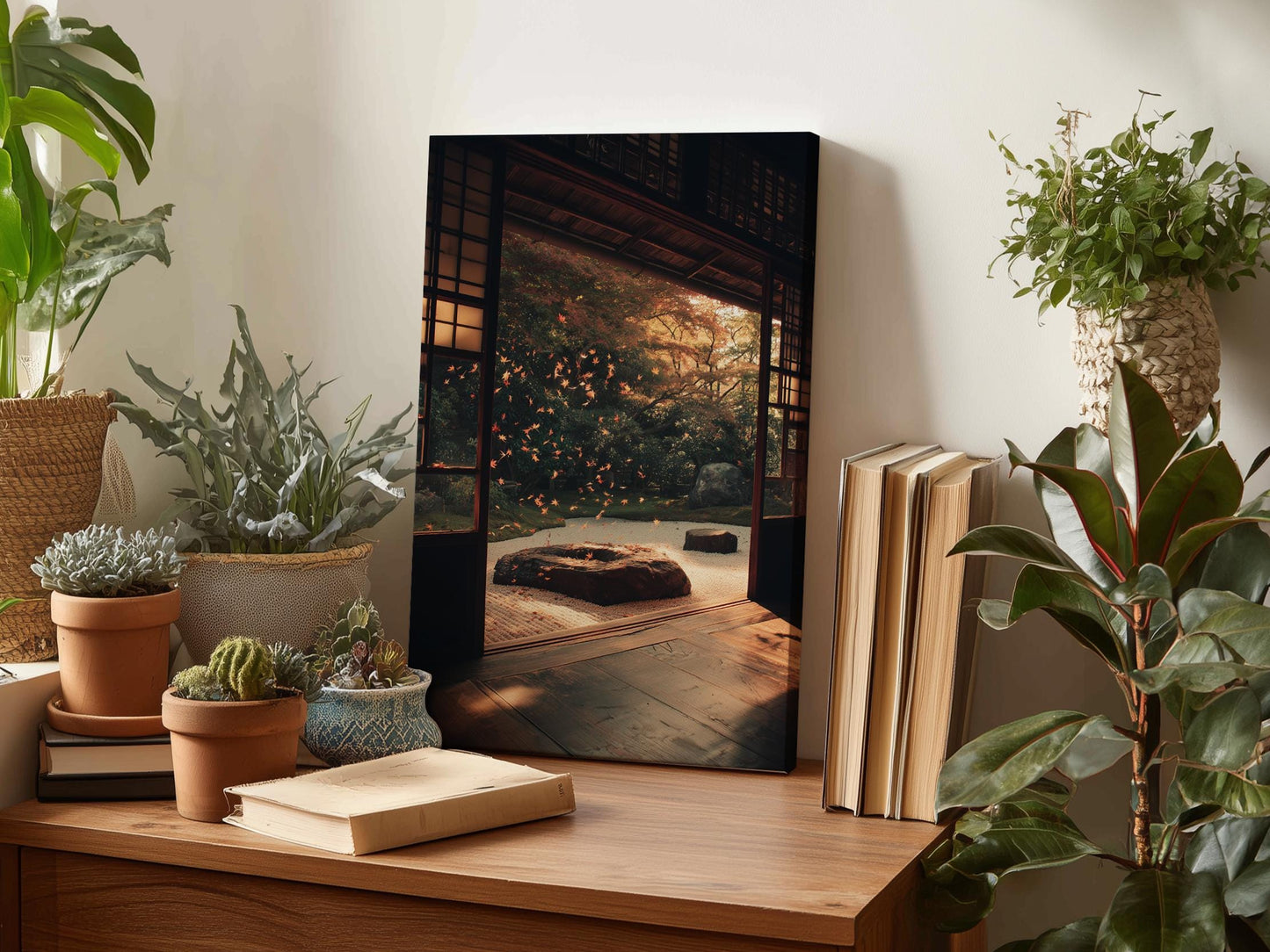 a wooden desk with a framed photograph of a serene garden scene, surrounded by various potted plants and books.