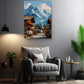 a cozy living room with a comfortable gray armchair, a wooden side table, and a potted plant. Above the armchair, there is a large painting of a picturesque mountain village with colorful houses and a winding road.