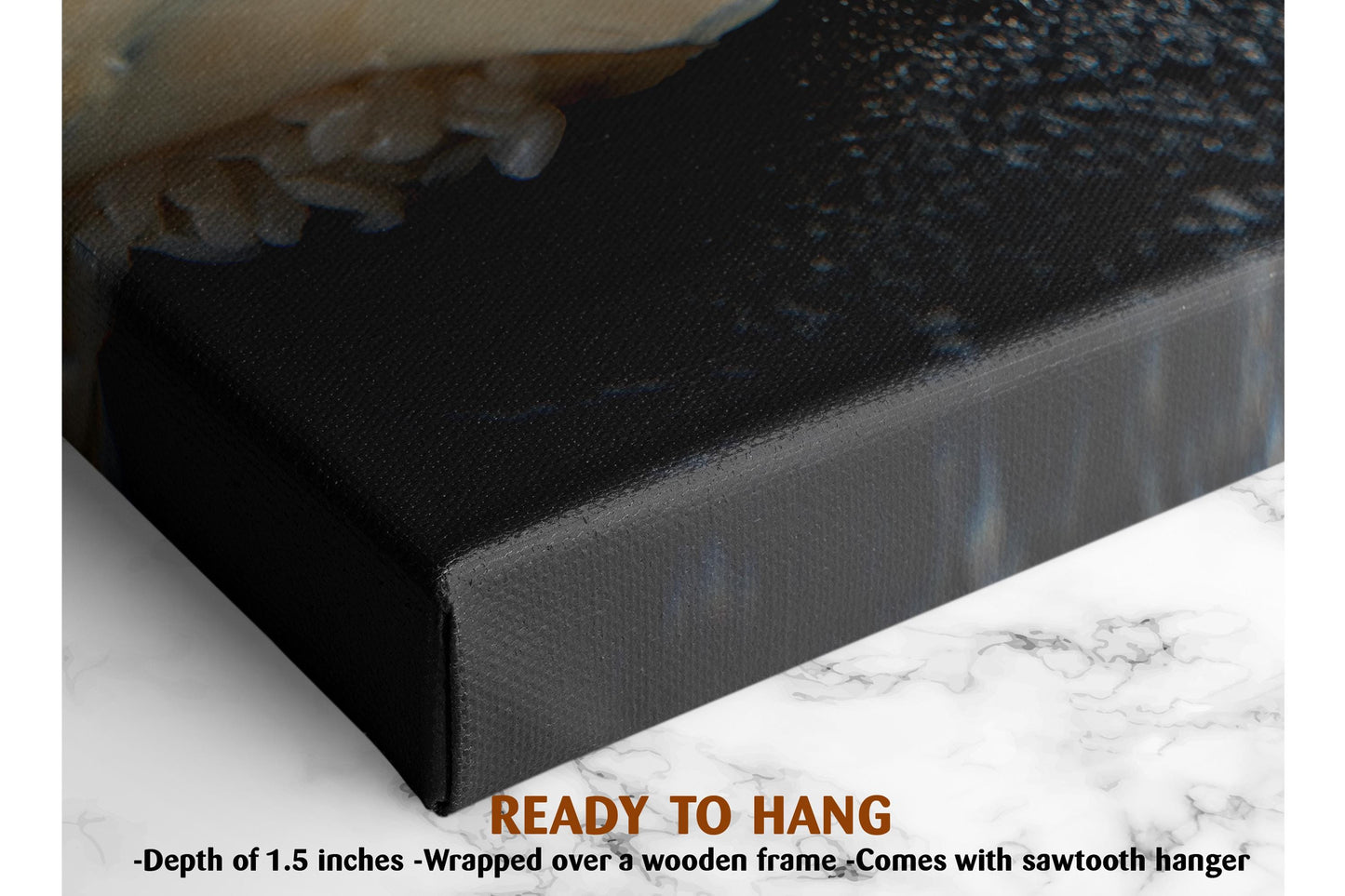 The image is a close-up of a black canvas with a textured surface, possibly a painting or artwork. The text &quot;READY TO HANG&quot; is visible, indicating that the canvas is ready to be hung on a wall.