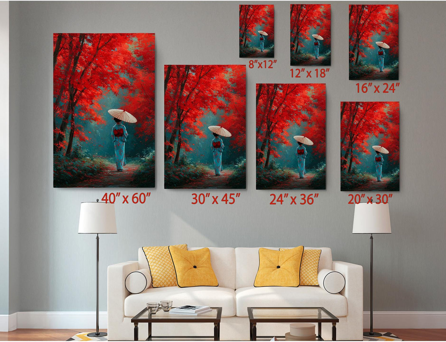 The image is a living room with a white sofa and a coffee table. Above the sofa, there are seven framed pictures of a woman holding an umbrella, each with a different size and orientation. The pictures are arranged in a grid-like pattern on the wall, creating a visually appealing display.