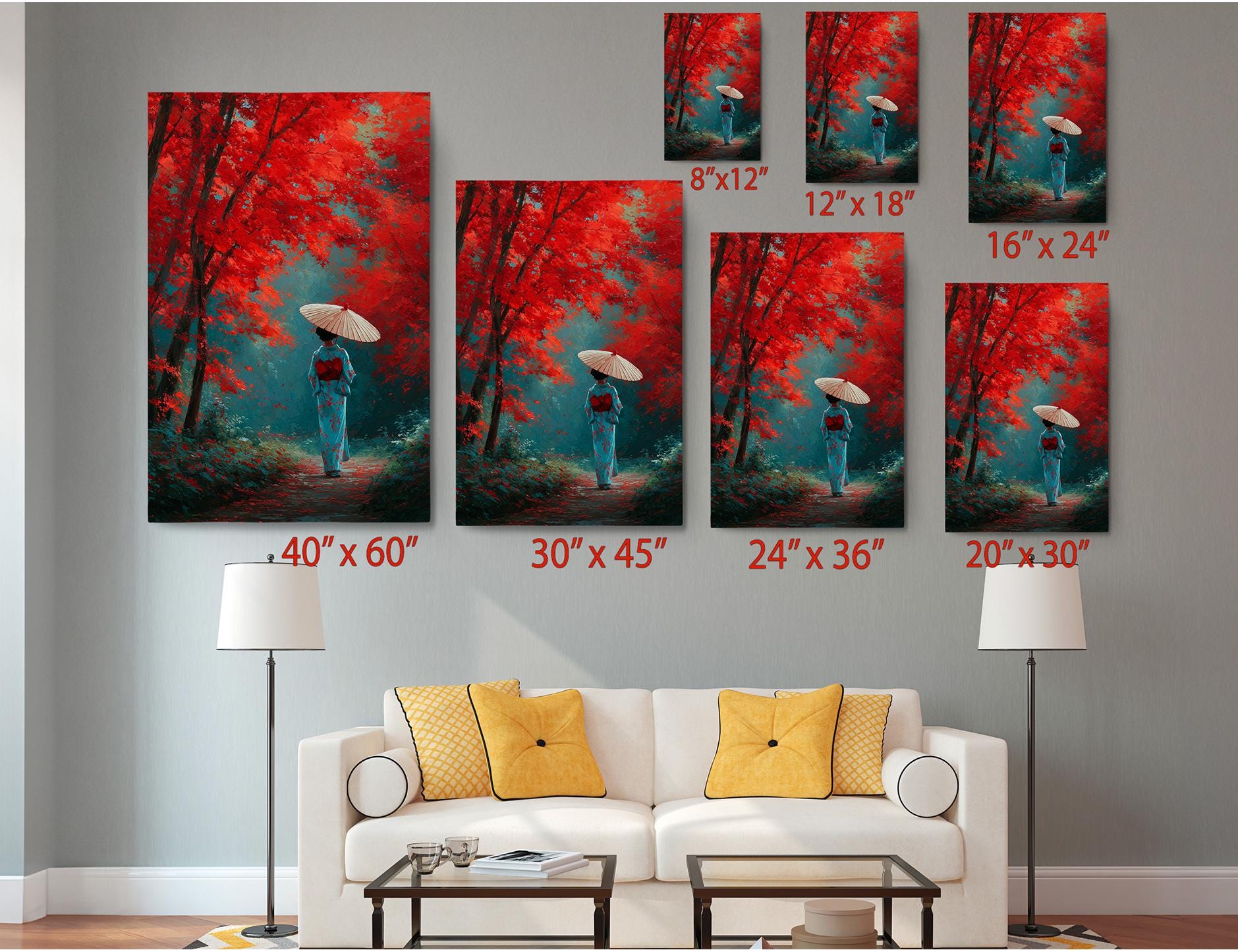 The image is a living room with a white sofa and a coffee table. Above the sofa, there are seven framed pictures of a woman holding an umbrella, each with a different size and orientation. The pictures are arranged in a grid-like pattern on the wall, creating a visually appealing display.