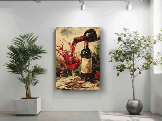 a painting of a wine glass with a bottle of red wine, set against a white wall with a potted plant on the left and a plant on the right.