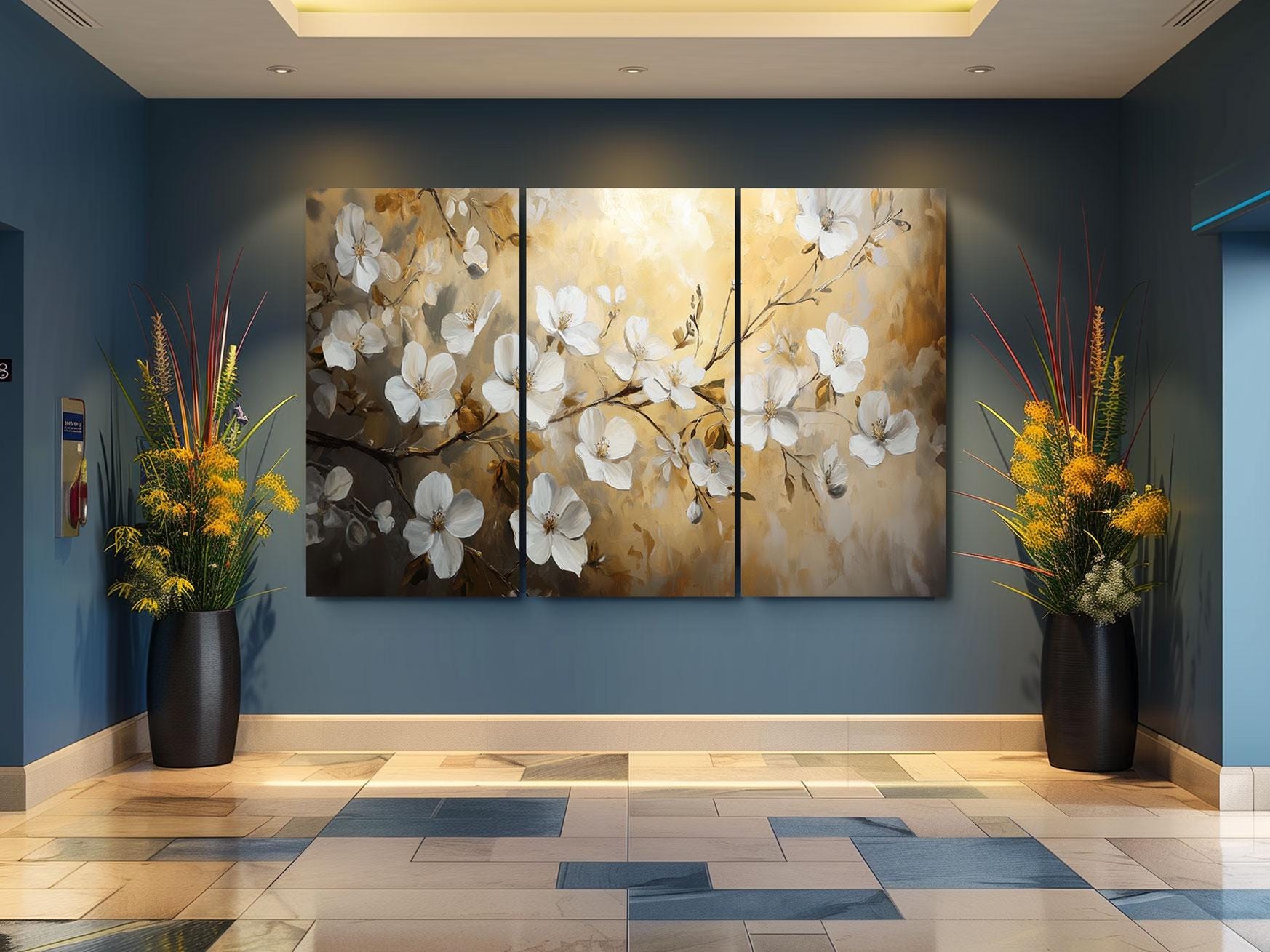 a painting of white flowers on a blue wall