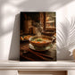 A framed photograph of a bowl of hot soup with steam rising from it, placed on a wooden table.