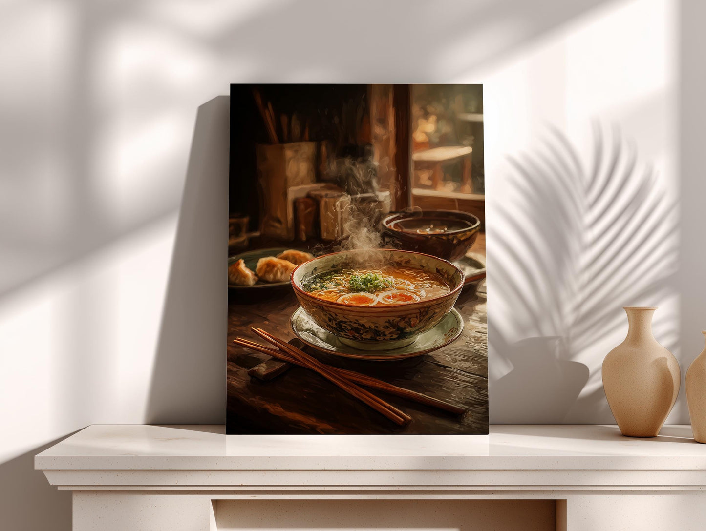 A framed photograph of a bowl of hot soup with steam rising from it, placed on a wooden table.