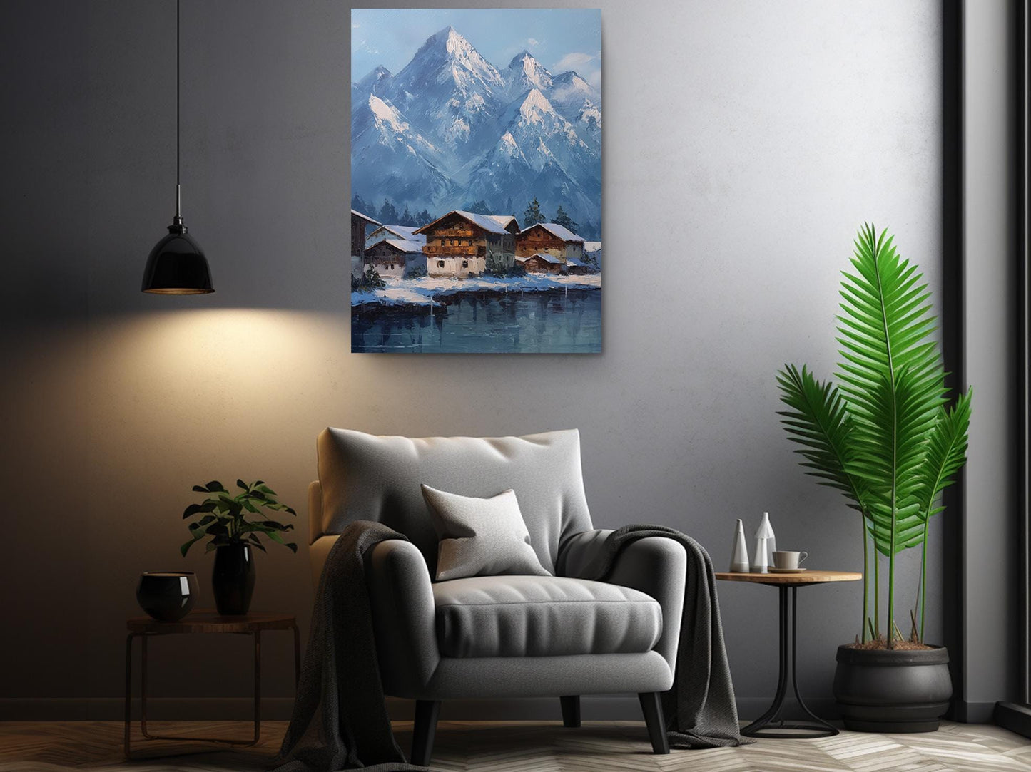 a cozy living room with a comfortable gray armchair, a wooden side table, and a potted plant. Above the armchair, a painting of a snowy mountain landscape with a small village in the background is displayed on the wall.
