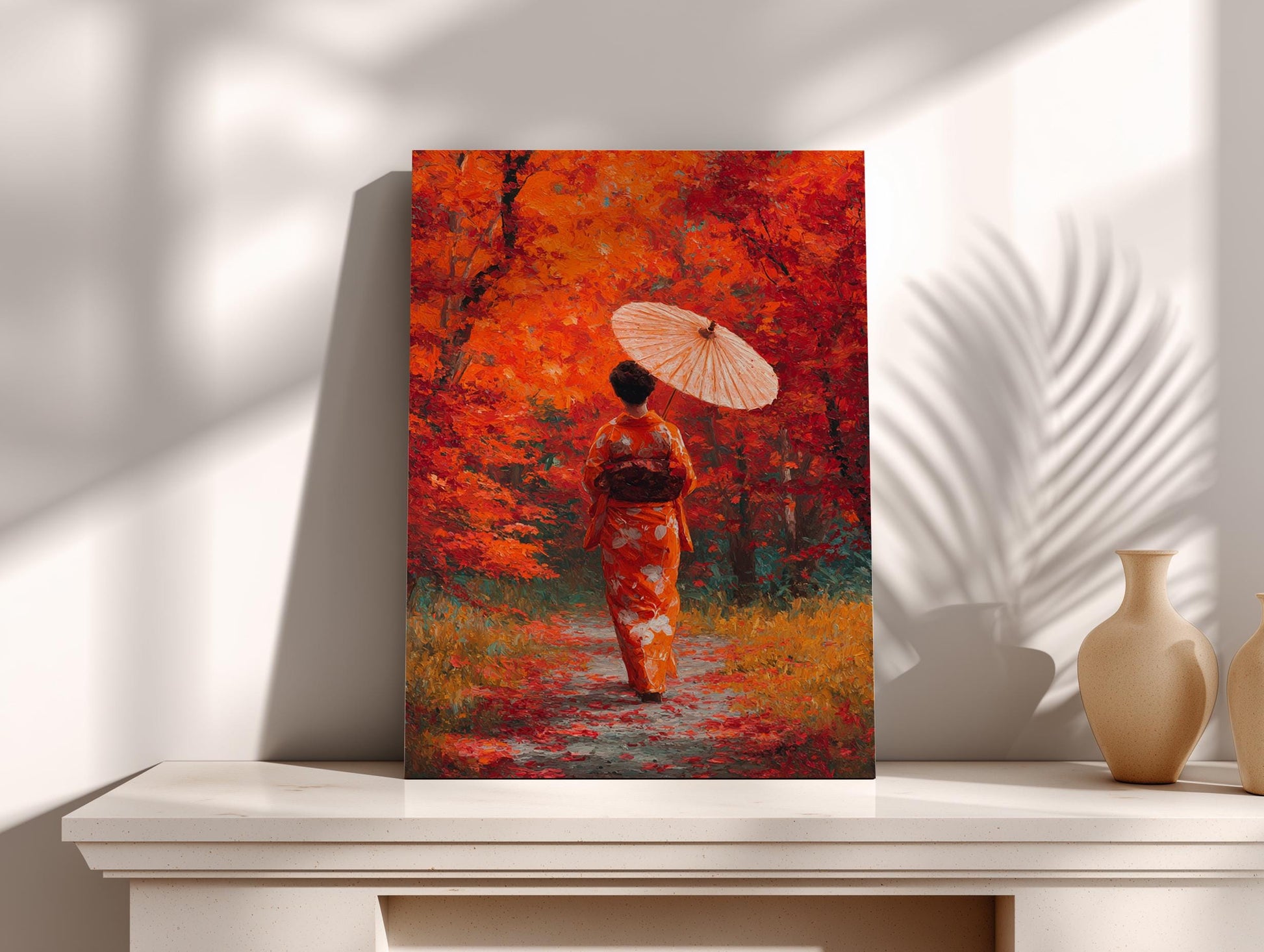 a woman in a traditional Japanese kimono walking through a forest with a parasol, surrounded by vibrant autumn foliage.