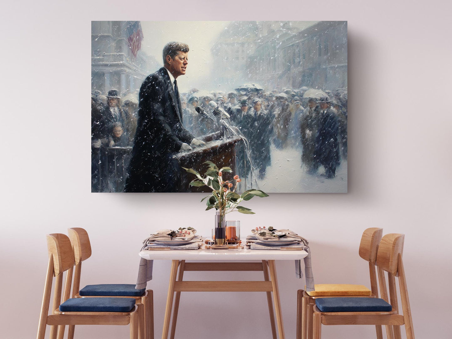 a man in a suit standing at a podium, addressing a crowd of people. The painting is hung on a wall above a dining table with chairs.